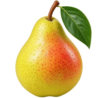 Whole ripe pear fruit with green leaf isolated on transparent background