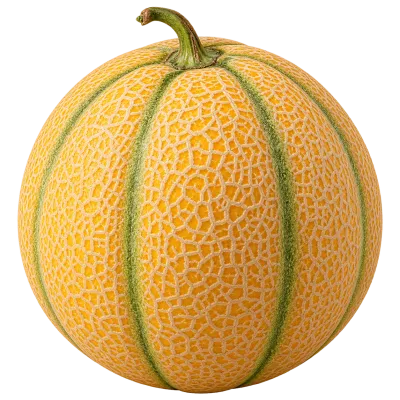 Whole ripe muskmelon with orange netted rind and green stem isolated on transparent background