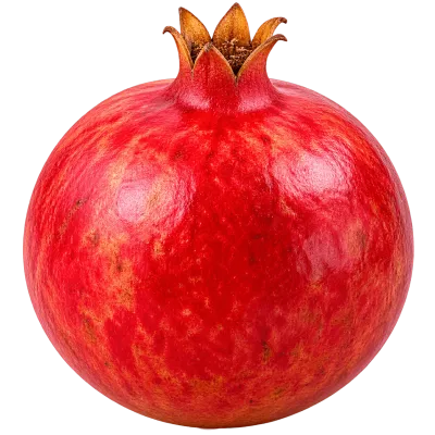 Whole ripe red pomegranate with crown-shaped top isolated on transparent background