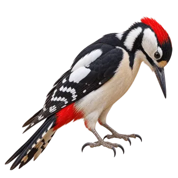Realistic woodpecker standing with its head lowered isolated on transparent background