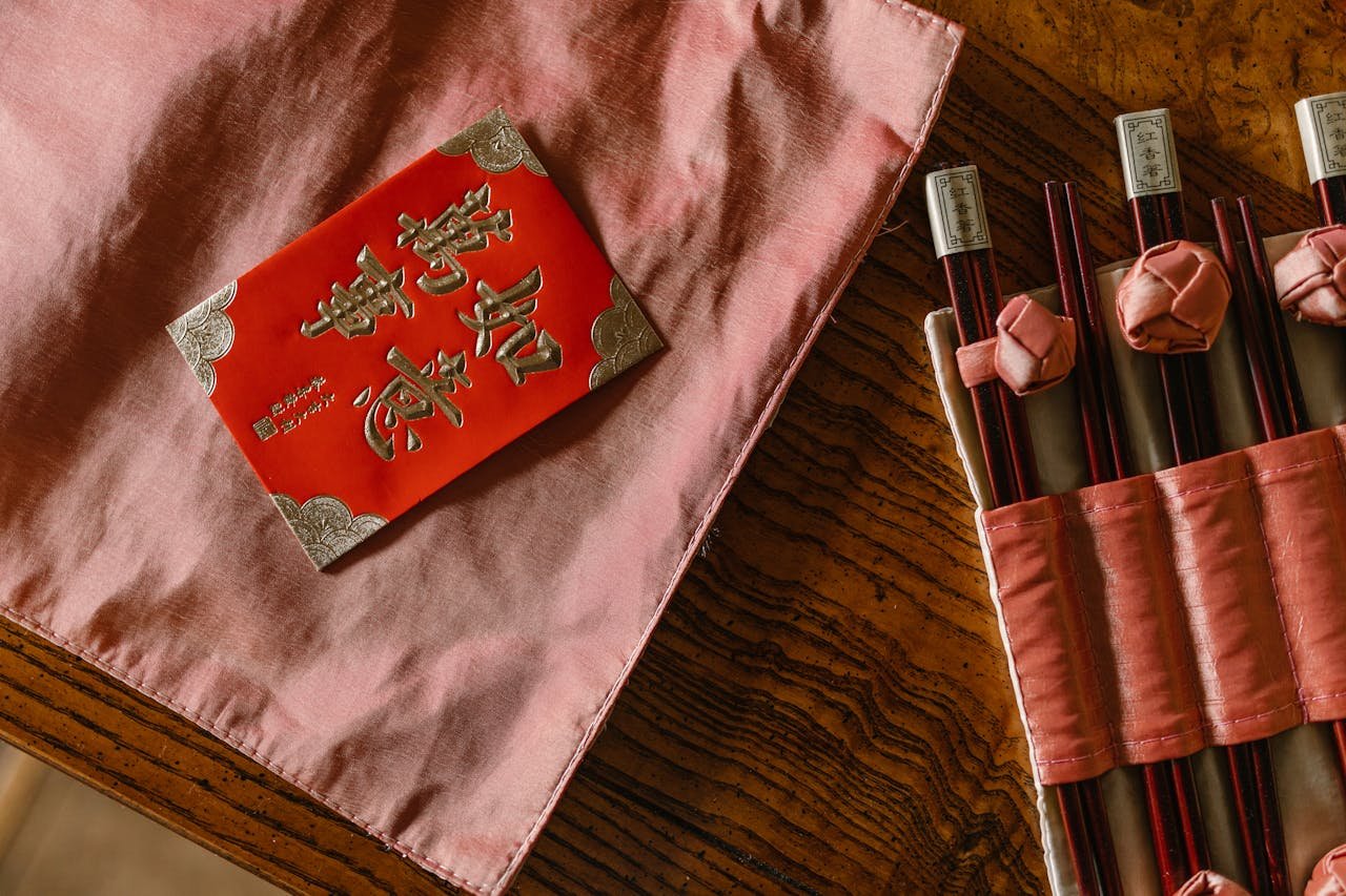 Top View of a Red Envelope beside Chopsticks